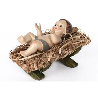 ELLUG Jesus Christkind Jesuskind Christuskind 12,5 * 5,5cm mit Heiligenschein auf Stroh in Holzkrippe 13x8 cm, lose