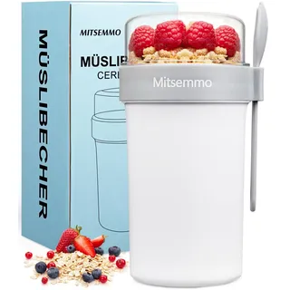 Mitsemmo Müslibecher to Go 760ml+230ml,Müsli Cup to Go Becher,Joghurtbecher to Go mit Löffel,Cornflakes to Go,Müslibecher Müslidose Müslischale Frühstücksdose Müslibox,Joghurt to Go Becher (Weiß)