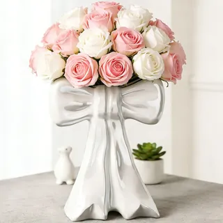 Disoza Schillerndes Schleife Weiß Vasen Tischdeko Keramik Modern Vase Vintage Vase für Pampasgras Blumen Trockenblumen Blumenvase Vasen für Hochzeit Porzelan Tulpenvase Küche Wohnzimmer