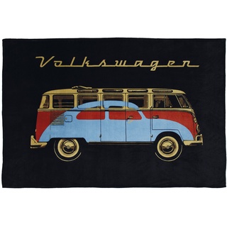 BRISA VW Collection - Weiche Volkswagen Kuschel-Fleece-Schmuse-Decke im T1 Bulli Bus & Käfer Design (150x200cm/Schwarz)