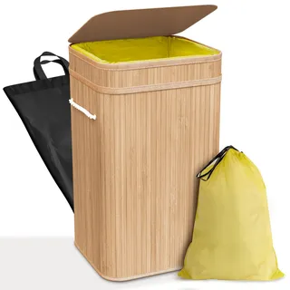 COTTARA® gelber Sack Ständer Mülleimer mit Deckel Müllsackständer für Gelbe Säcke aus Bambus inkl. waschbare Innentasche, 60-120L Müllsystem Behälter für Recycling doppelt verstärkter Halt