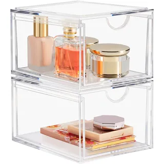 Boxalls 2 Stücke Organizer Schublade Stapelbare Acryl, 20% Dicker Transparenter Make up Badezimmer Organizer, Schmink Aufbewahrung Box für Kosmetik, Hautpflege, Spülbecken, Schreibtisch und Kommode