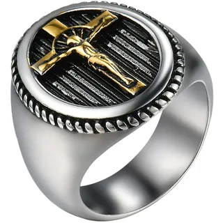 JewelryWe Kreuz Ring Siegelring Herren: Gold/Silber Edelstahl Herren-Ring Jesus Christus Kruzifix Fingerring Christlicher Religiöser Kreuzring Band Katholischer Schmuck Geschenk für Männer Größe 60