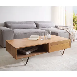 DELIFE Couchtisch Kayu 115x60 cm Akazie Natur 2 Schübe V-Fuß Edelstahl - Hellbraun