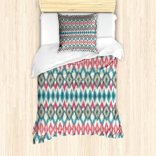 ABAKUHAUS Ikat Mantele, Handgemachte Triangle Boho, Milbensicher Allergiker geeignet mit Kissenbezügen, 135 cm x 200 cm - 80 x 80 cm, Creme Red Teal - Creme