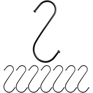 S-Haken zum Einhängen, 8 Stück, in Schwarz, Metallhaken für bis Ø 42 mm Stangen, Länge 120 mm, S Haken für Küche, Kleiderstange, Garage, Topf, Pfanne, Tasse, Hängehaken, Küchenhaken, Doppelhaken Set