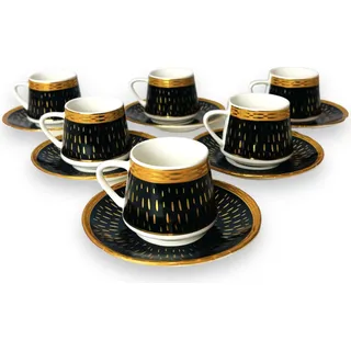 Medusa Luxus Gold Espressotassen 12 TLG für 6 Personen Tassen + Untertassen 60 Ml Mäander Stil mit Geschenkverpackung - Schwarz, Gold