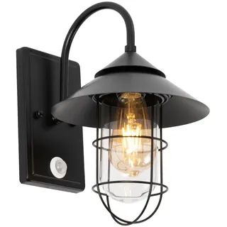 Aussenlampe mit Bewegungsmelder Vintage IP54 Wasserdicht Außenlampe E27 Außenleuchte Schwarz Metall Wandleuchte Glaslampenschirm Lampe Aussen für Terrasse Garten Fassaden, max. 60W exkl Leuchtmittel