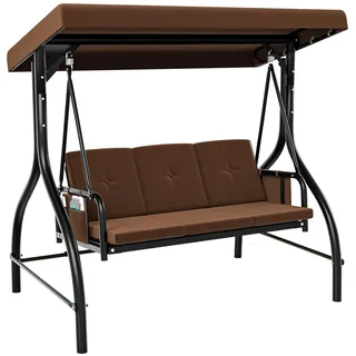 YITAHOME 3-Sitzer Hollywoodschaukel, Gartenschaukel mit Liegefunktion mit Verstellbarem Baldachin und Abnehmbarem Kissen, Gartenschaukel für Erwachsene im Garten, Pool, Balkon, Braun