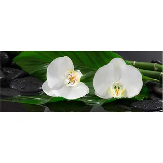 Glasbild 30x80cm Wandbild aus Glas Orchideen Blume Steine Bambus Deko - Braun