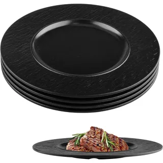 suaywo 4er Set Speiseteller Schwarz, Wiederverwendbar Kuchenteller Schwarz Durchmesser 21.5 cm Essteller aus Melamin Salatteller für Grillabende, Frühstück, Mittagessen, Kaffee und Abendessen
