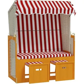 Strandkorb mit Dach Polyrattan Gartenliege mit ausziehbaren Fußhockern 3-Fach verstellbare Rückenlehne Massivholz Tanne Rot Weiß für Garten Terrasse - Rot