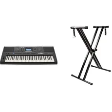 Yamaha PSR-E473 Digital-Keyboard, schwarz – Tragbares, vielseitiges Digital-Keyboard mit 61 anschlagdynamischen Tasten & Rockjam Double Bracked Einstellbarer Tastaturständer mit Verriegelungsbändern
