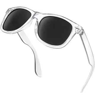 KANASTAL Polarisiert Sonnenbrille Herren und Damen Retro Klassische Rectangular Sonnenbrille UV400 Schutz für Fahren Wandern Golf Angeln, Transparent Rahmen Schwarz Gläser