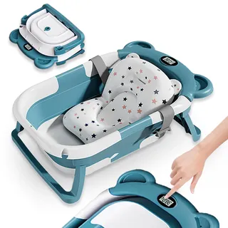 SUPERBE BEBE Faltbar Baby Badewanne Mit Rutschfestem Badekissen - Babywanne XXL Mit Baby Badewannensitz & Badethermometer - Von Der Geburt Bis 3 Jahre - Baby Bathtub - Geburtsgeschenke Für Mädchen & Jungen