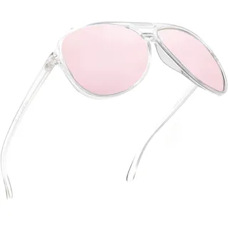 JIM HALO Polarisiert Flieger Sonnenbrille Damen Herren Oversize Plastik Fahren Gläser(Matter transparenter Rahmen/Polarisierte Rosa Linse)
