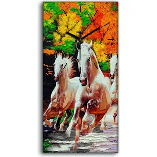 Wohnzimmer-Bild Leinwand Uhr Geräuschlos 30x60 Malerei Pferde Baum bunte Herbst - schwarze Hände - Bunt