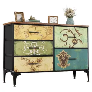 Kommode mit 5 Stoffschubladen, Stahlrahmen, Sideboard für kleine Räume, 98x30x75 cm