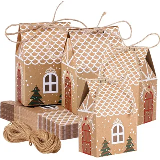 24 Stück Geschenkbox Weihnachten Häuschen 14x9x6,5 cm Kraftpapier Schachtel Hanfseil - Adventskalender Süßigkeiten Schokolade
