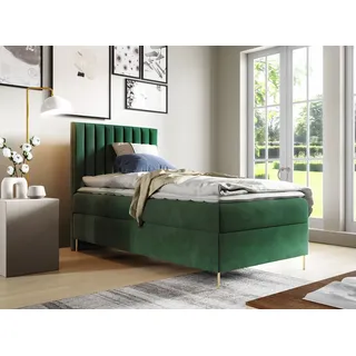 GUTTO Boxspringbett JILL 90 x 200cm mit Bettkasten TOPPER 5cm Gratis Grün Velour hohe goldene Beine - Grün