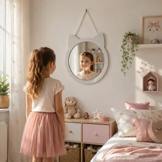 Wandspiegel Mädchenzimmer - Kinderzimmer Mädchen - Katzen-Spiegel - 38cm | Groß weiß rund Zum Hängen oder bohren Bad-Spiegel Kinder Katzenfan Katzenliebhaber Tier süß niedlich Design keine Folie