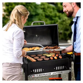 Holzkohlegrill mit klappbaren Seitenablagen, Smoker Standgrill mit Deckel, Thermometer, Kohlegrill Schwarz