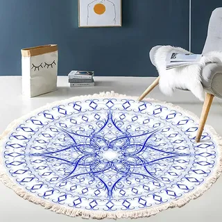 Vintage Boho Baumwolle Teppiche Mandala Muster Waschbar Handgewebte Böhmische Runder Teppich mit Quasten für Schlafzimmer Flur Wohnzimmer Couchtisch Fußmatten,Waschmaschinenfest,60CM Blumen #10