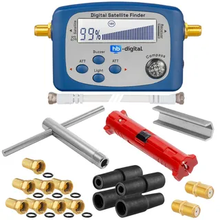 HB-Digital XXL SAT Installationsset: digitaler Sat-Finder mit Kompass + Abisolierer + Montageschlüssel + Aufdrehhilfe + 8X F-Stecker vergoldet + 2X Verbinder + 4X Gummitülle Wetterschutz Werkzeugset