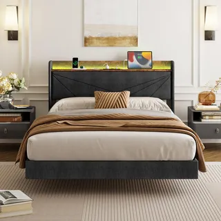 IRONCK Polsterbett 140x200 cm mit LED-Beleuchtung und Ladestation, Bett 140x200 mit Stauraum, Doppelbett Bettgestell mit Lattenrost, Schwebebett, Grau (2 AC-Steckdosen, 1 USB & Typ-c-Anschlusse)