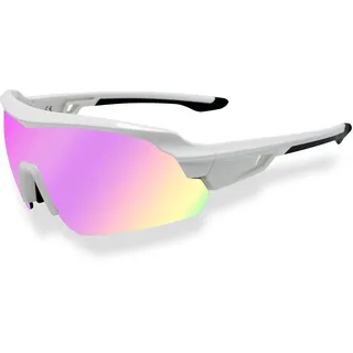 JOGVELO Polarisierte Sonnenbrille, Sportsonnenbrille Radbrille TR90 Anti-Fog mit 5 Wechselobjektiven UV400 Herren Damen wie Radfahren Laufen Klettern Autofahren Angeln Golf, Weißes&Pulver