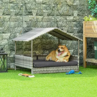 PawHut Rattan Hundehaus mit Kissen, Hundebett im Hausform, Outdoor Hundehütte für kleine, mittlere Hunde, Stahlrahmen, Grau, 69 x 98 x 70 cm - Grau