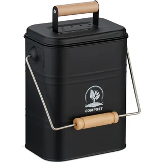 Relaxdays Komposteimer Küche, 3,5 Liter, 2 Aktivkohlefilter, Deckel, Henkel, Eisen & Holz, Biomüllbehälter, schwarz