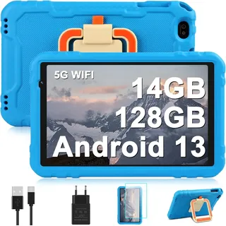 AOCWEI Tablet 10 Zoll für Kinder Android 13 14 GB RAM + 128 GB ROM (512 GB erweiterbar)|Octa-Core|Full HD IPS|8000 mAh | 5MP+8MP |5G WIFI | EVA-Hülle mit vollständiger Abdeckung, Blau
