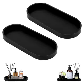 2 Stück Badezimmer-Tablett Schwarz Silikon Ablageschale, Oval, Multifunktionaler Organizer für Badezimmer, Küche, Kosmetik, Waschbecken, Badewanne und Küchenspüle - Schwarz