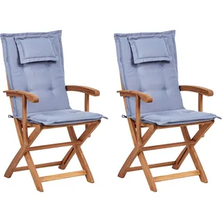 BELIANI Gartenstuhl 2er Set Hellbraun aus Akazienholz mit Auflagen Blau Armlehnen Witterungsbeständig Modernes Design für Garten Balkon - Braun, Blau
