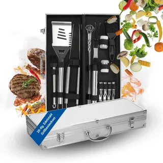 Grillbesteck Set 'Deluxe' - 20-tlg. Grillzubehör aus Edelstahl inkl. Koffer - Grill Zubehör für Männer - Silber - Silber