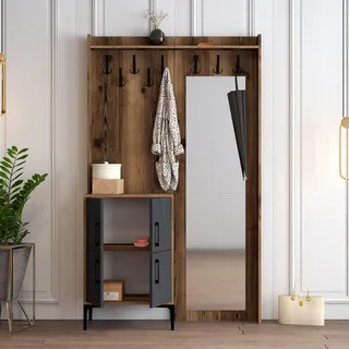 Skye Decor, Berlin BC - Walnut, Anthracite, Hallenstand, Nussbaum, 100 % MELAMINBESCHICHTETE SPANPLATTEN, 120 x 35 x 200 cm - Braun, Grau