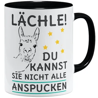 OM3® Lächle du kannst sie nicht alle anspucken Lama Kaffee-Tasse mit Spruch - Motiv Alpaka - Keramik Becher - 325ml - Beidseitig Bedruckt - Schwarz