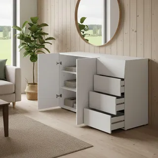 Dmora Modernes Sideboard, Design-Sideboard mit 2 Türen und 4 Schubladen, Made in Italy, TV-Ständer, Wohnzimmerbuffet, 124x40h82 cm, glänzend weiße Farbe
