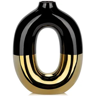 Hollyone Keramikvase, Schwarz Gold vase, Hohle Design Donut Keramik Dekorative Blumenvase für Heimdeko, Moderne Vase für Trockenblumen, Schlafzimmer, Wohnzimmer, Tischdeko