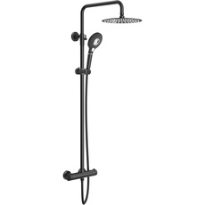 Rainsworth Duschsystem mit Thermostat Schwarz, Duschset 25cm Rund Edelstahl Regendusche Duscharmatur, Duschamaturenset, Duschgarnitur, Duschkopf mit Filter, 92-126 cm Duschstangen, Dusche Set