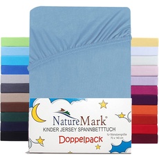 NatureMark 2er Set Kinder Spannbettlaken Jersey, Spannbetttuch 100% Baumwolle, für Babybett und Kinderbett | 70x140 cm - Hell blau