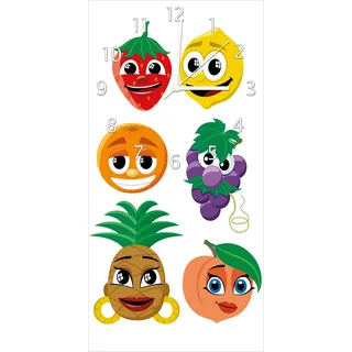 Wallario Design Wanduhr Obst-Smilies im Comic-Stil - Lustige Früchte aus Echtglas, Größe 30 x 60 cm - Weiß