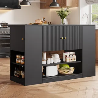 okwish Sideboard,Kücheninsel, Küchenschrank,mit Schubladen und Regalen, für Küche & Esszimmer, Schwarz - Schwarz