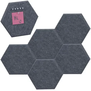 Relaxdays Filzpinnwand, 6 Stück, selbstklebende Sechsecke aus Filz, HxBxT: 26x30x0,9 cm, Filzwand inkl. Pinnnadeln, grau