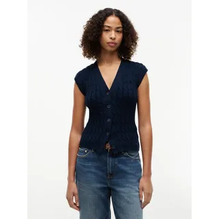 Strickweste TOMMY HILFIGER "MID GG CABLE VEST CARDI", Damen, Gr. L (42/44), schwarz night navy, Strick, Obermaterial: 100% Baumwolle, unifarben, regular fit normal, V-Ausschnitt, Westen Strickweste, Baumwolle, mit Zopfstrickmuster