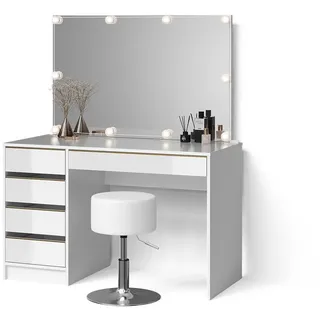 Livinity® Schminktisch Imola Weiß/Gold mit LED Beleuchtung und Hocker , Weiß, Goldfarben , Holzwerkstoff , 5 Fächer , 5 Schubladen , Rechteckig , 120x75x55 cm , Schlafzimmer, Schminktische