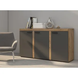 FURNIX Sideboard RIVAY Anrichte Kommode 3 Türen für Wohnzimmer Esszimmer 149 cm breit klassisch 3F Eiche Graphit - Braun, Grau, Dunkelbraun