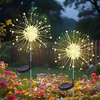 Hqynss Gartendeko Solar Gartenleuchte Außen, 2 Stück 120 LED Solarleuchten Feuerwerk, 8 Modi Solarlichter Pusteblume Wetterfest Solarstecker Gartenlichter für Außen Terrasse Balkon Deko - Warmweiß