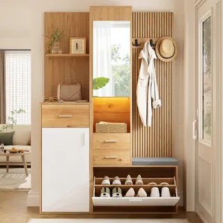 Merax Kompaktgarderobe mit LED Beleuchtung, Schuhschrank mit Sitzbank, Spiegel, Schubladen, Klappschuhfach, Flurgarderobe Eingangsmöbel, Weiß Natur - Weiß